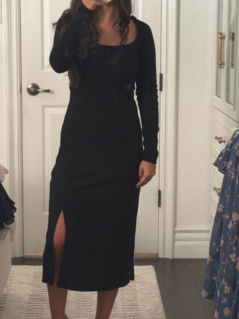 Astr Black Ribbed Long-Sleeve Square-Neck Midi Dress with Side Slit